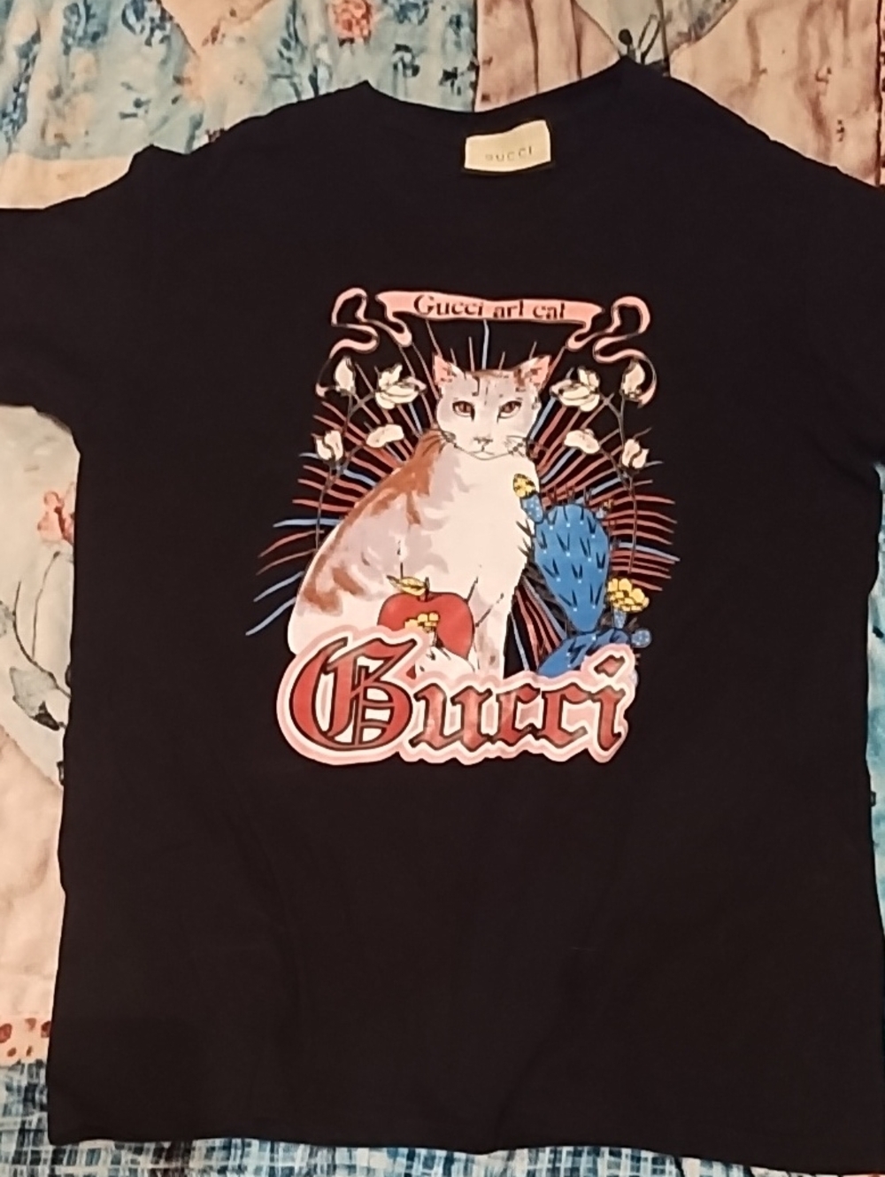 Black Tee with Colorful Cat Graphic